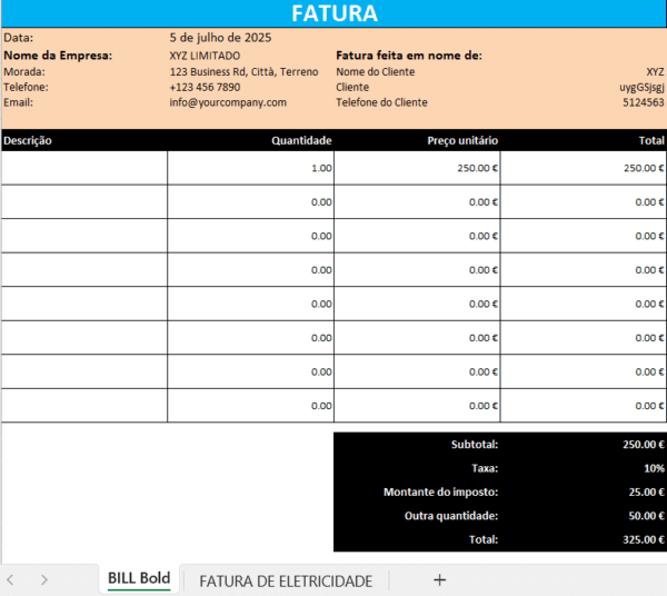 Atualização simples de fatura em Excel para gestão básica de faturação
