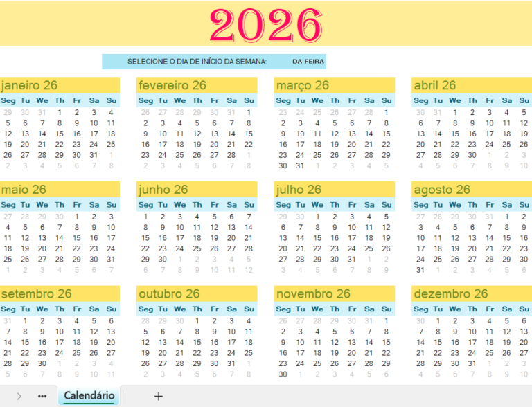 Calendário anual em Excel para planeamento e organização do ano
