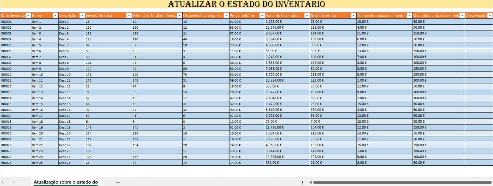 Atualização do status do estoque em Excel para controlo de inventário