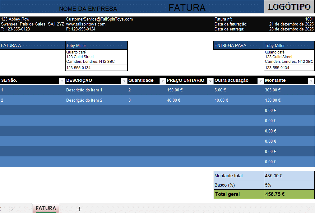 Fatura básica com preço unitário em Excel para gestão simples de faturação