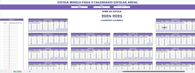 Calendário do ano letivo em Excel para planeamento escolar e académico
