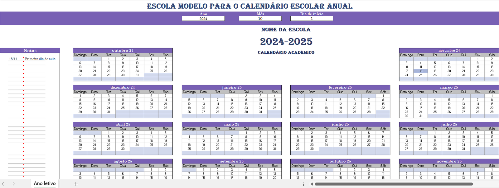 Calendário do ano letivo em Excel para planeamento escolar e académico