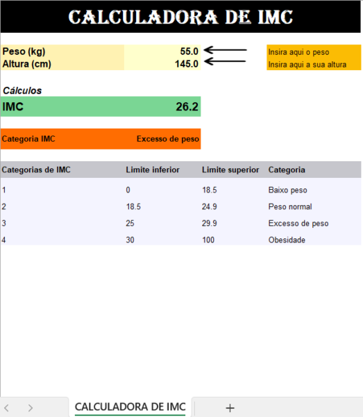 Calculadora de IMC em Excel para acompanhamento da saúde corporal