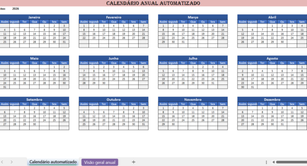 Calendário anual automático em Excel para planeamento do ano completo