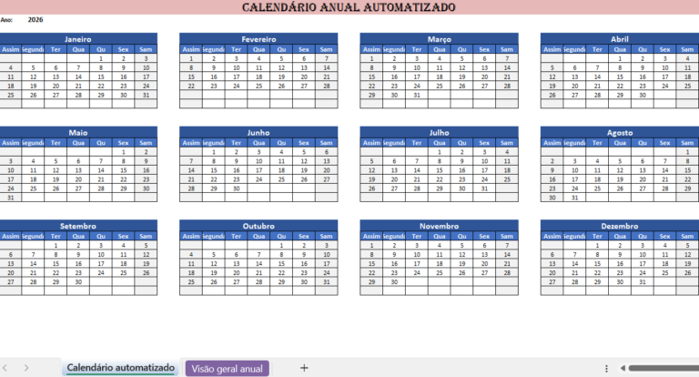 Calendário anual automático em Excel para planeamento do ano completo