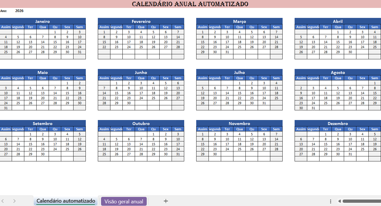 Calendário anual automático em Excel para planeamento do ano completo