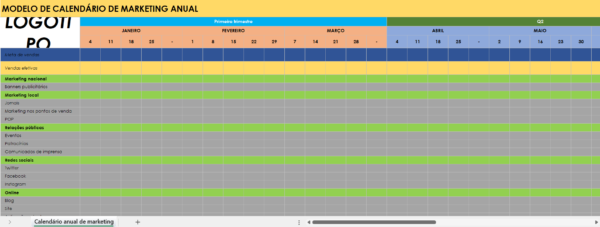 Calendário anual de comercialização em Excel para planeamento estratégico