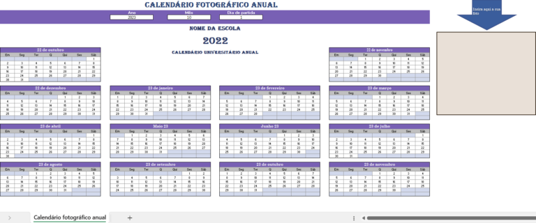 Calendário anual de fotos em Excel para planeamento fotográfico