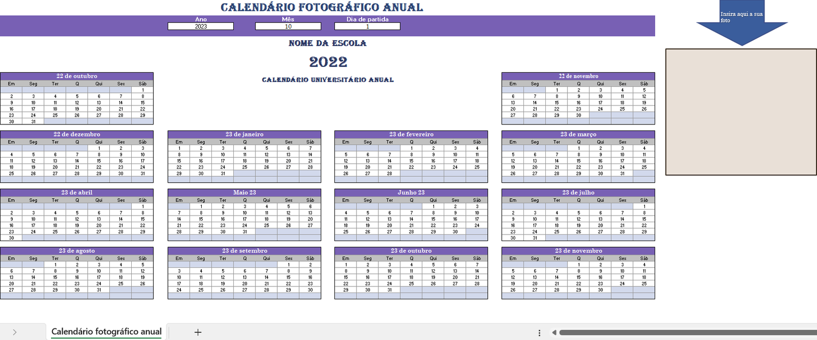 Calendário anual de fotos em Excel para planeamento fotográfico