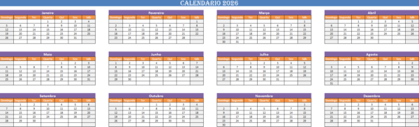 Calendário de 2026 em Excel para planeamento anual