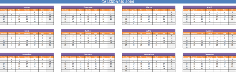 Calendário de 2026 em Excel para planeamento anual