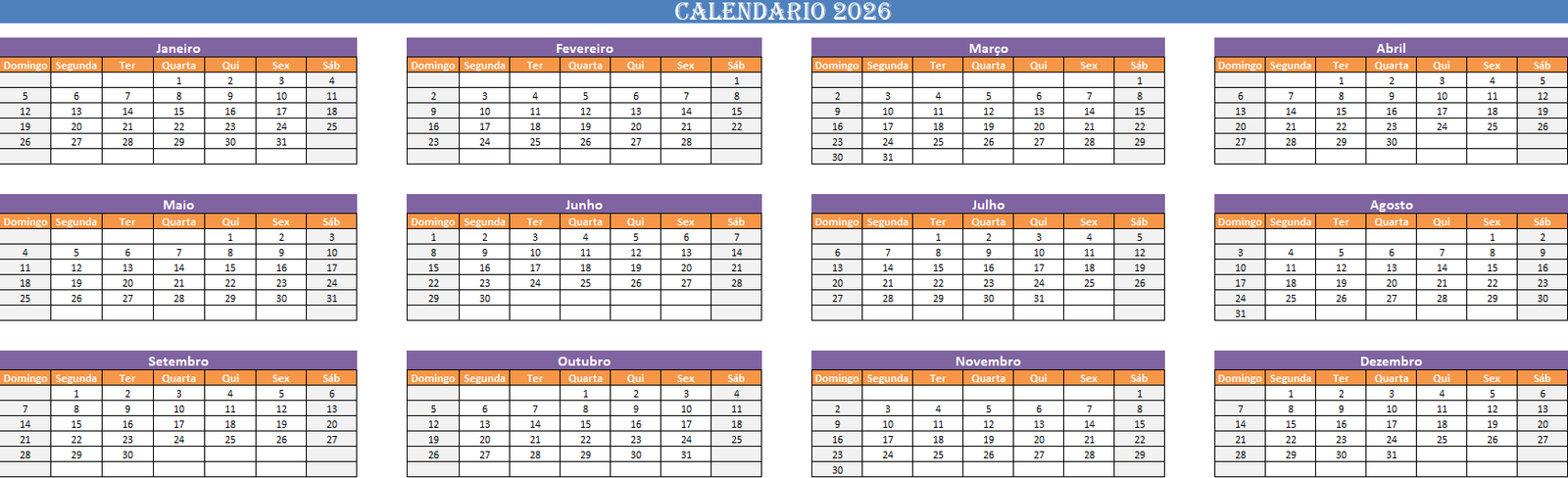 Calendário de 2026 em Excel para planeamento anual