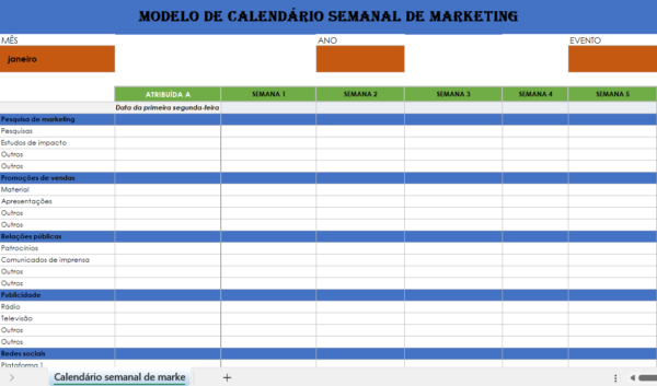 Calendário de marketing semanal em Excel para planeamento de campanhas
