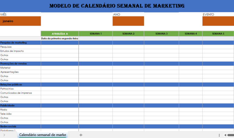 Calendário de marketing semanal em Excel para planeamento de campanhas