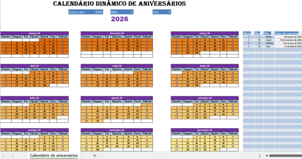Calendário de aniversário dinâmico em Excel para organização de datas importantes