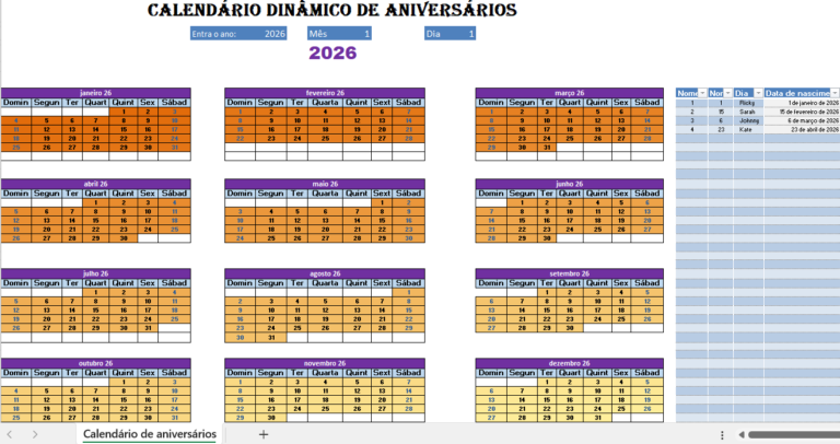 Calendário de aniversário dinâmico em Excel para organização de datas importantes