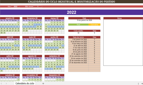 Calendário do ciclo menstrual em Excel para acompanhar menstruação e ovulação
