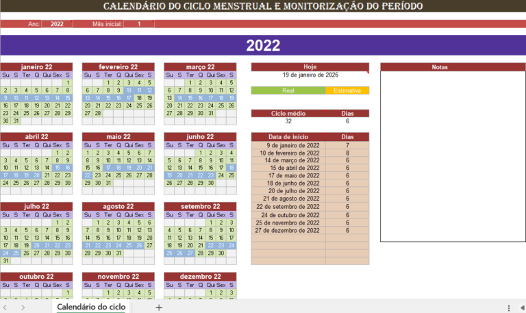 Calendário do ciclo menstrual em Excel para acompanhar menstruação e ovulação