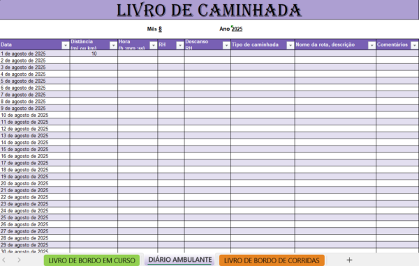 Diário de registo atual em Excel para organização e acompanhamento diário