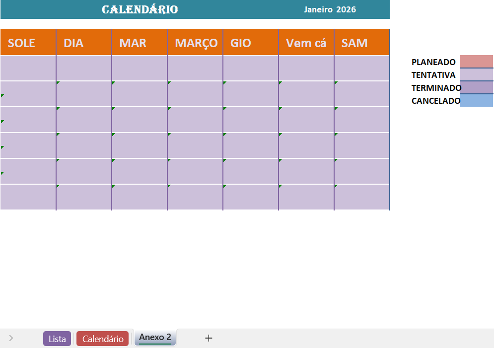 Escalação da equipa e programação em Excel para gestão de horários