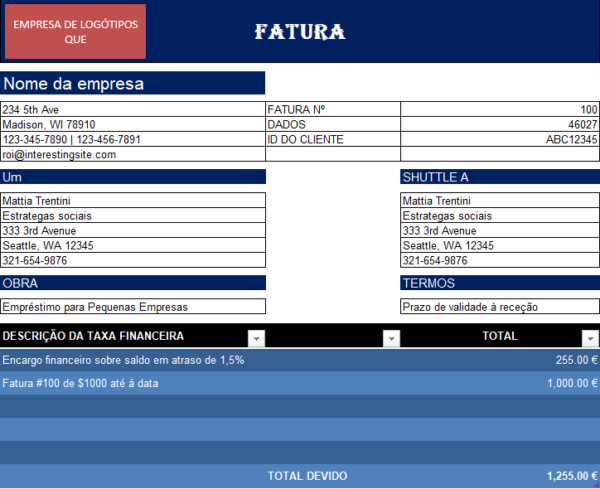 Fatura com débito financeiro em Excel para controlo de valores pendentes