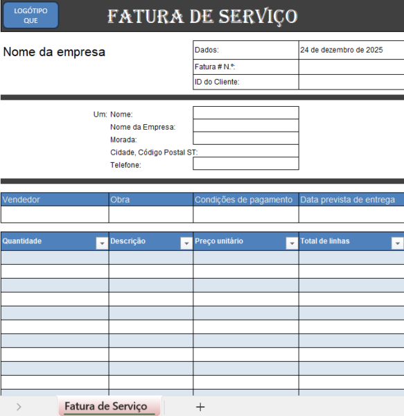 Fatura de serviço simples em Excel para faturação rápida e organizada