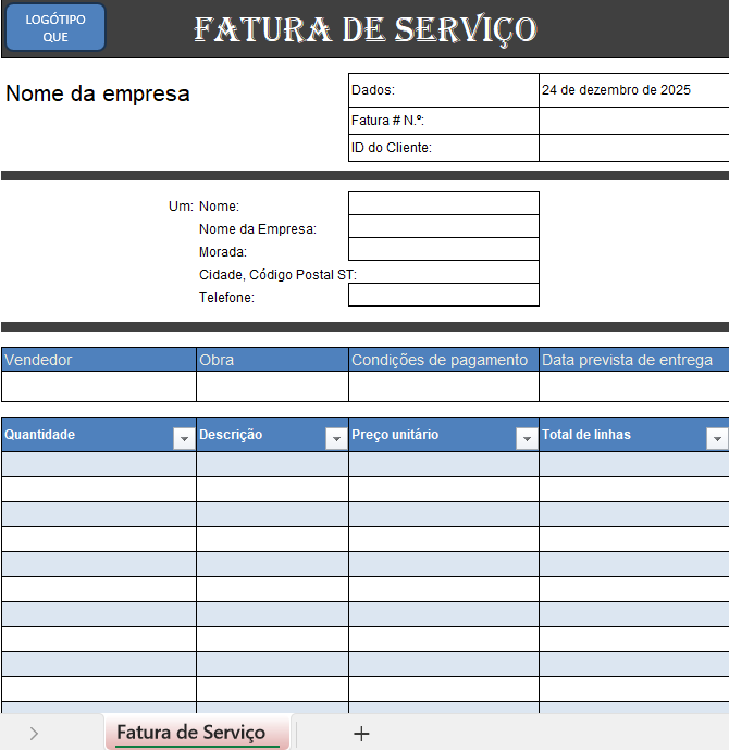 Fatura de serviço simples em Excel para faturação rápida e organizada