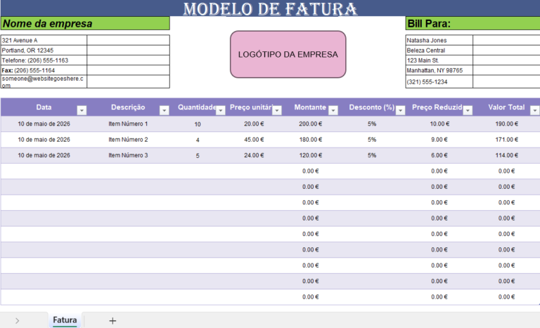 Fatura de vendas colorida em Excel com design moderno e organizado
