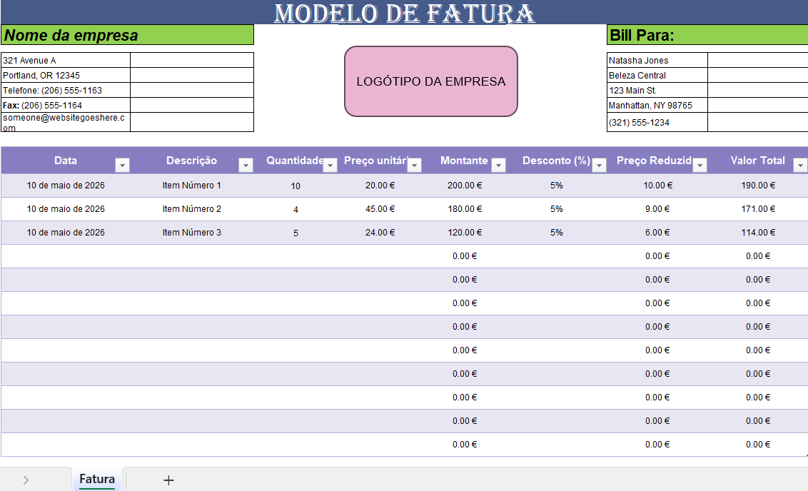 Fatura de vendas colorida em Excel com design moderno e organizado