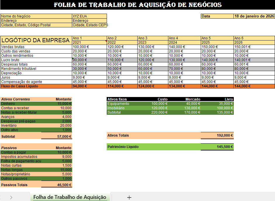 Ficha de aquisição de empresas em Excel V2 para análise e due diligence