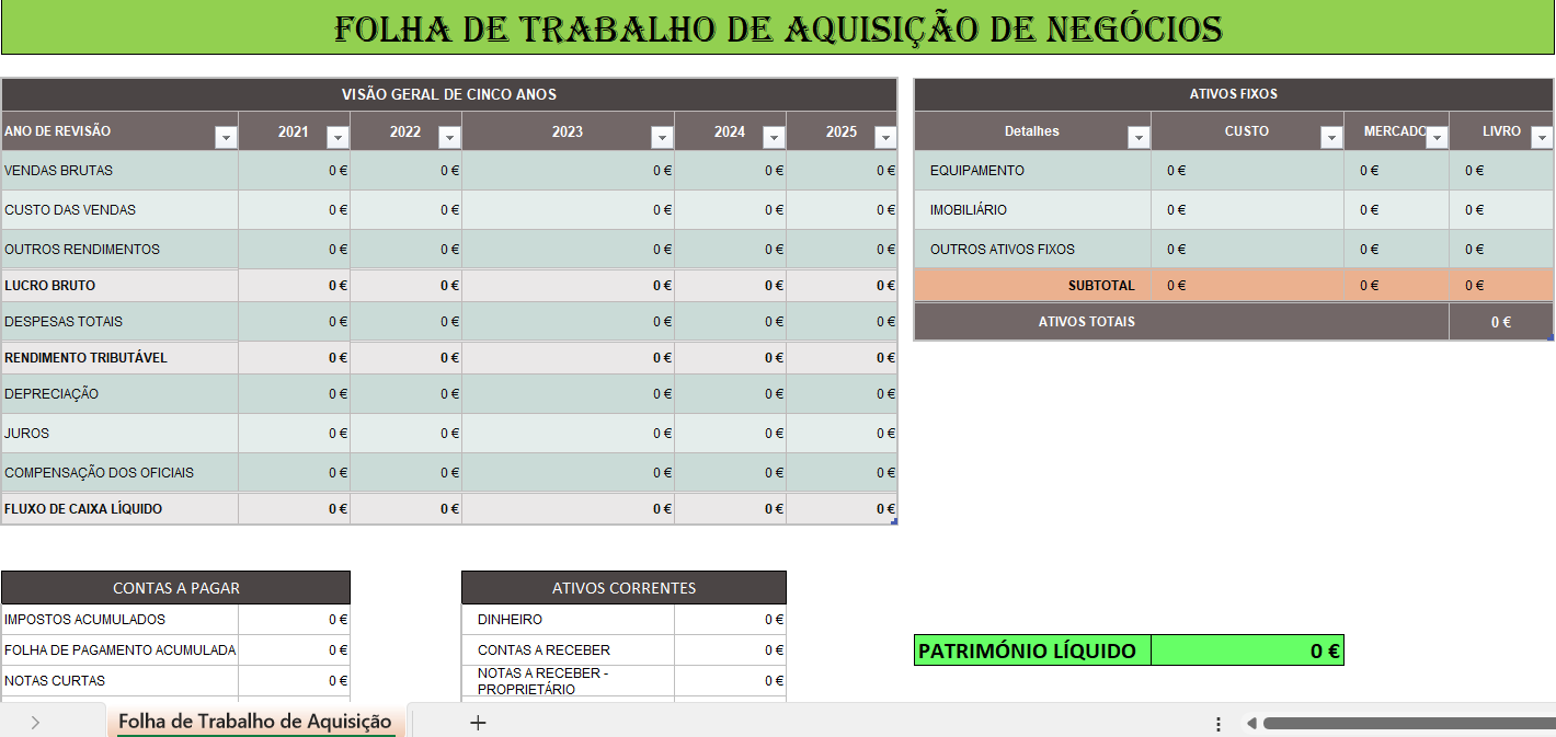 Folha de aquisição de empresas em Excel para análise e due diligence