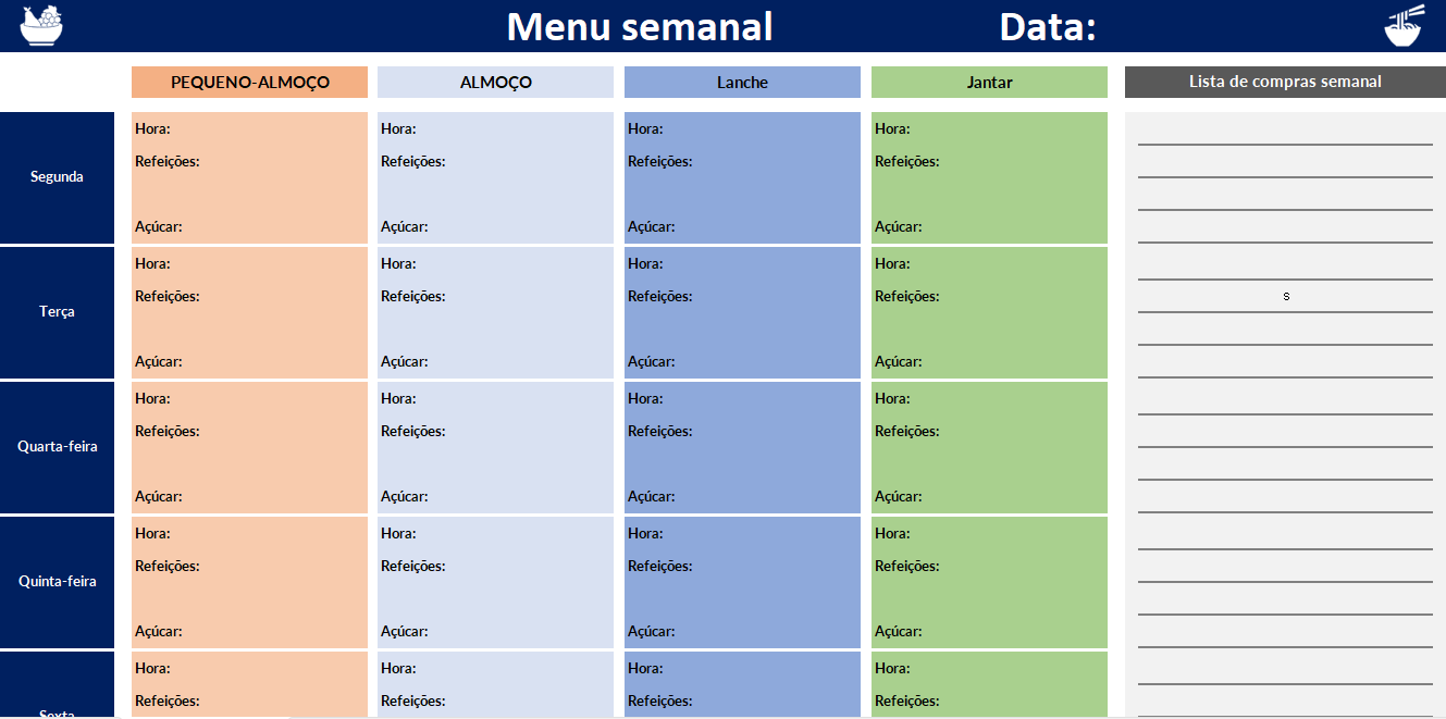 Horário das refeições em Excel para organização alimentar diária