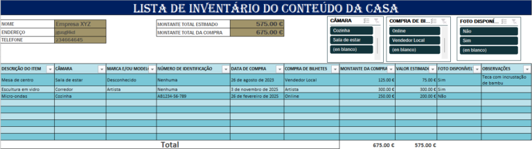 Lista de inventário de conteúdo da casa em Excel para organização doméstica