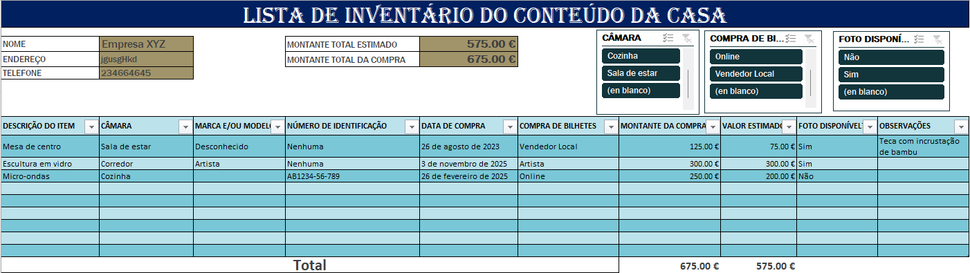 Lista de inventário de conteúdo da casa em Excel para organização doméstica