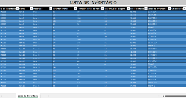 Lista de inventário em Excel para organização e controlo de bens