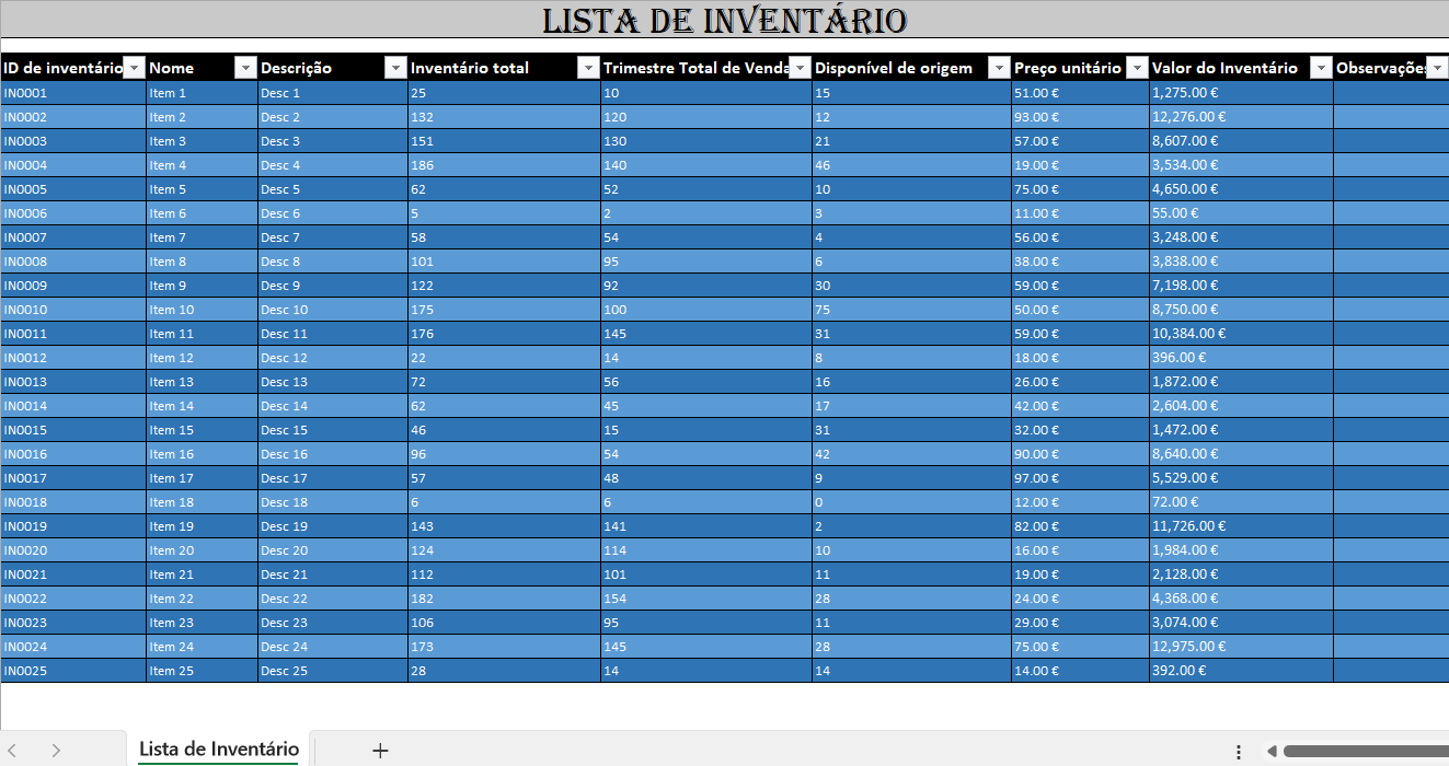 Lista de inventário em Excel para organização e controlo de bens