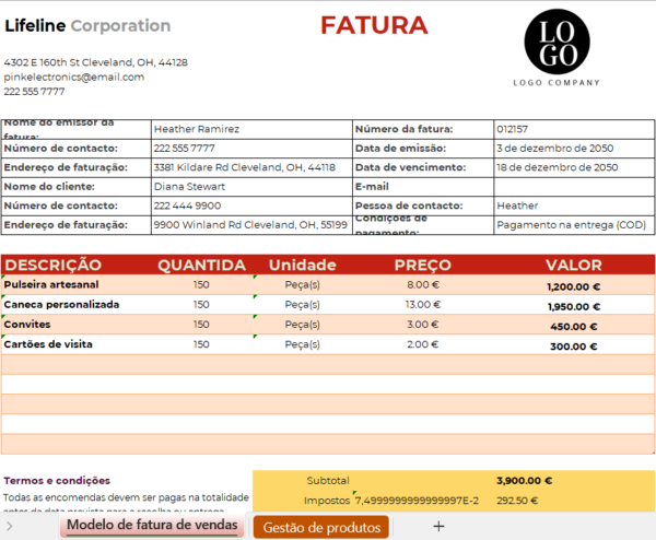 Modelo de fatura em Excel para faturação profissional