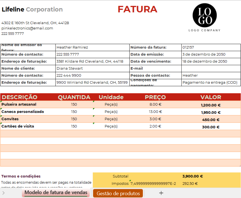 Modelo de fatura em Excel para faturação profissional
