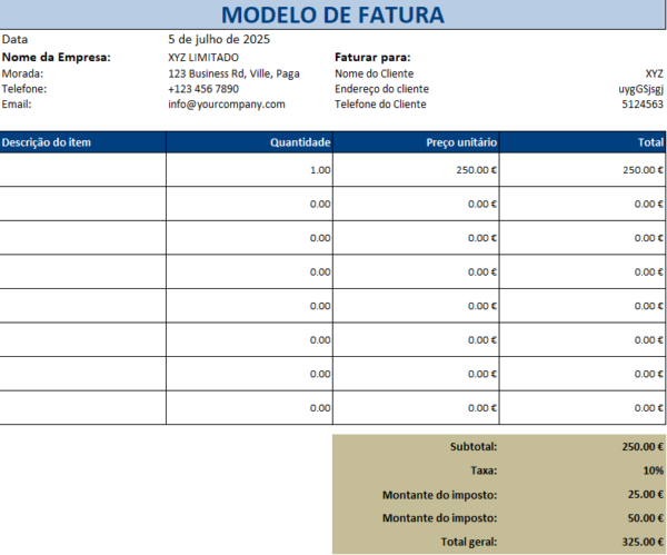 Modelo de fatura em Excel com cálculo automático de subtotal, imposto e total final