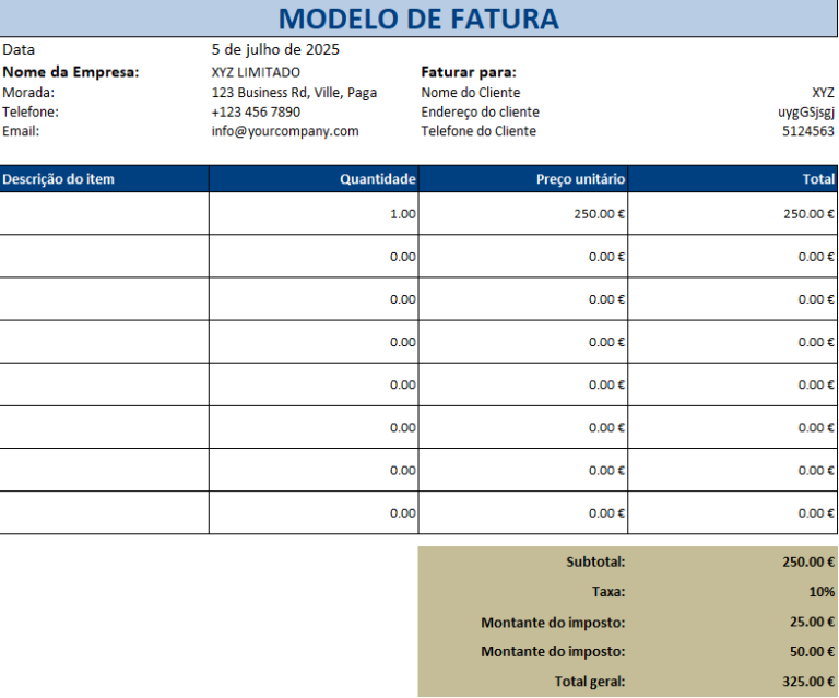 Modelo de fatura em Excel com cálculo automático de subtotal, imposto e total final
