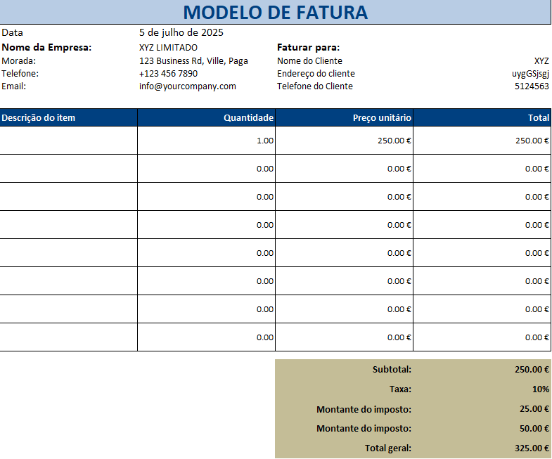 Modelo de fatura em Excel com cálculo automático de subtotal, imposto e total final