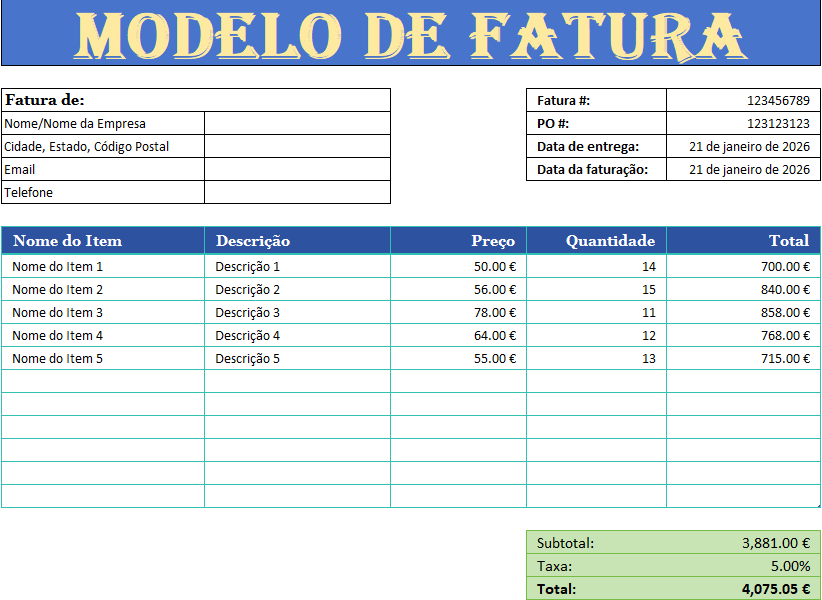 Modelo de fatura em Excel com cálculo automático de subtotal, taxa e total, incluindo dados da empresa, itens faturados, preços e quantidades.