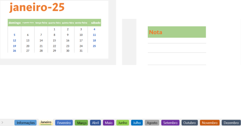 Modelo de calendário em Excel para organização de datas e compromissos
