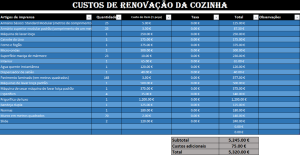 Modelo de custos de renovação da cozinha em Excel com lista de materiais, quantidades, custos por item, impostos e total final do orçamento