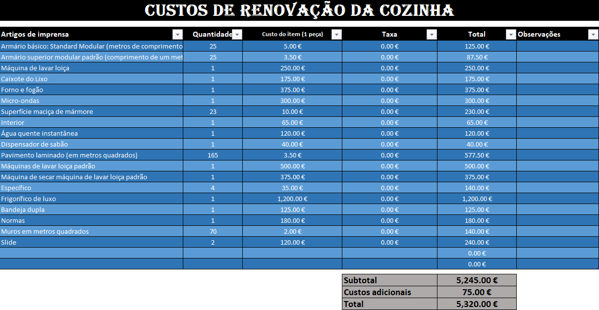 Modelo de custos de renovação da cozinha em Excel com lista de materiais, quantidades, custos por item, impostos e total final do orçamento