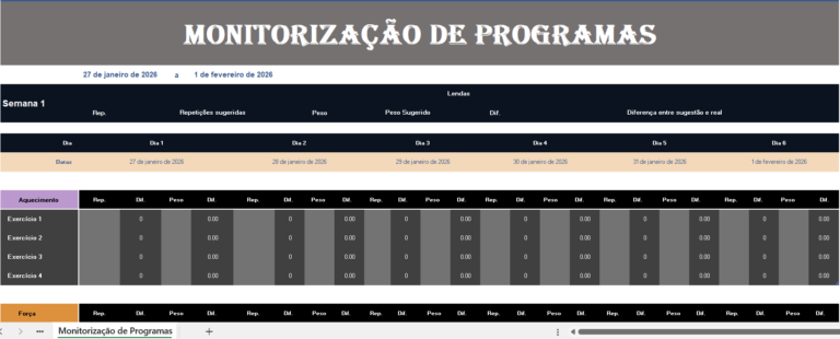 Monitorização do programa em Excel para acompanhamento de projetos