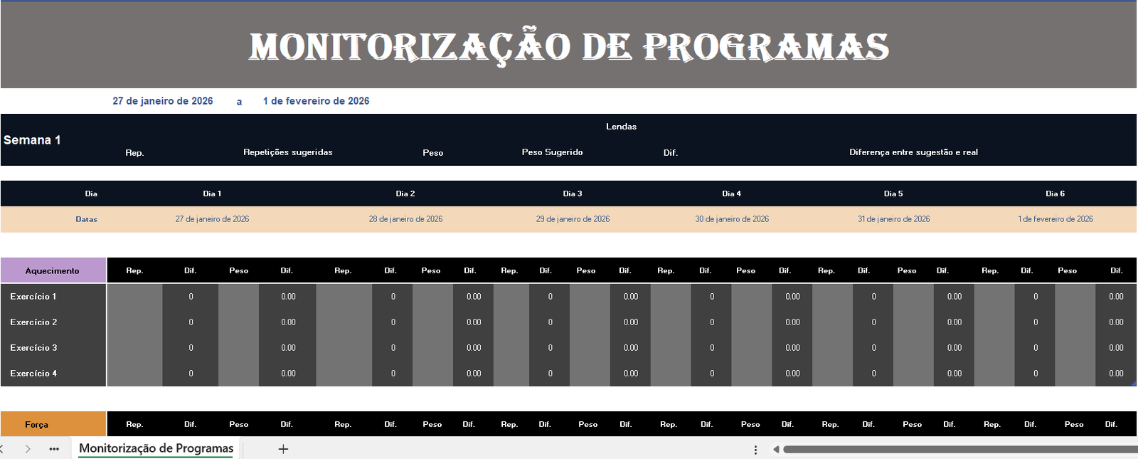 Monitorização do programa em Excel para acompanhamento de projetos