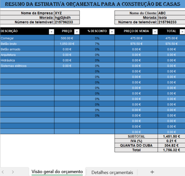 Orçamento de construção em Excel para controlo de custos de obra