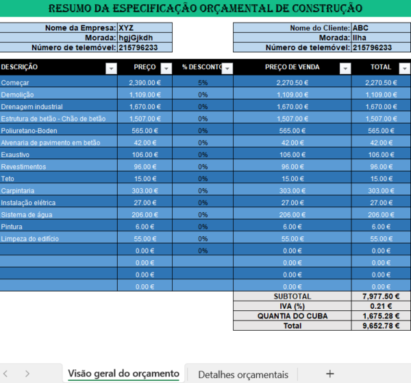 Orçamento de construção em Excel para controlo de custos de obra