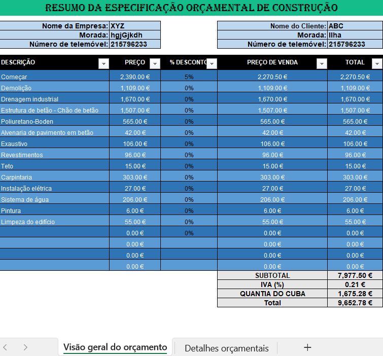 Orçamento de construção em Excel para controlo de custos de obra